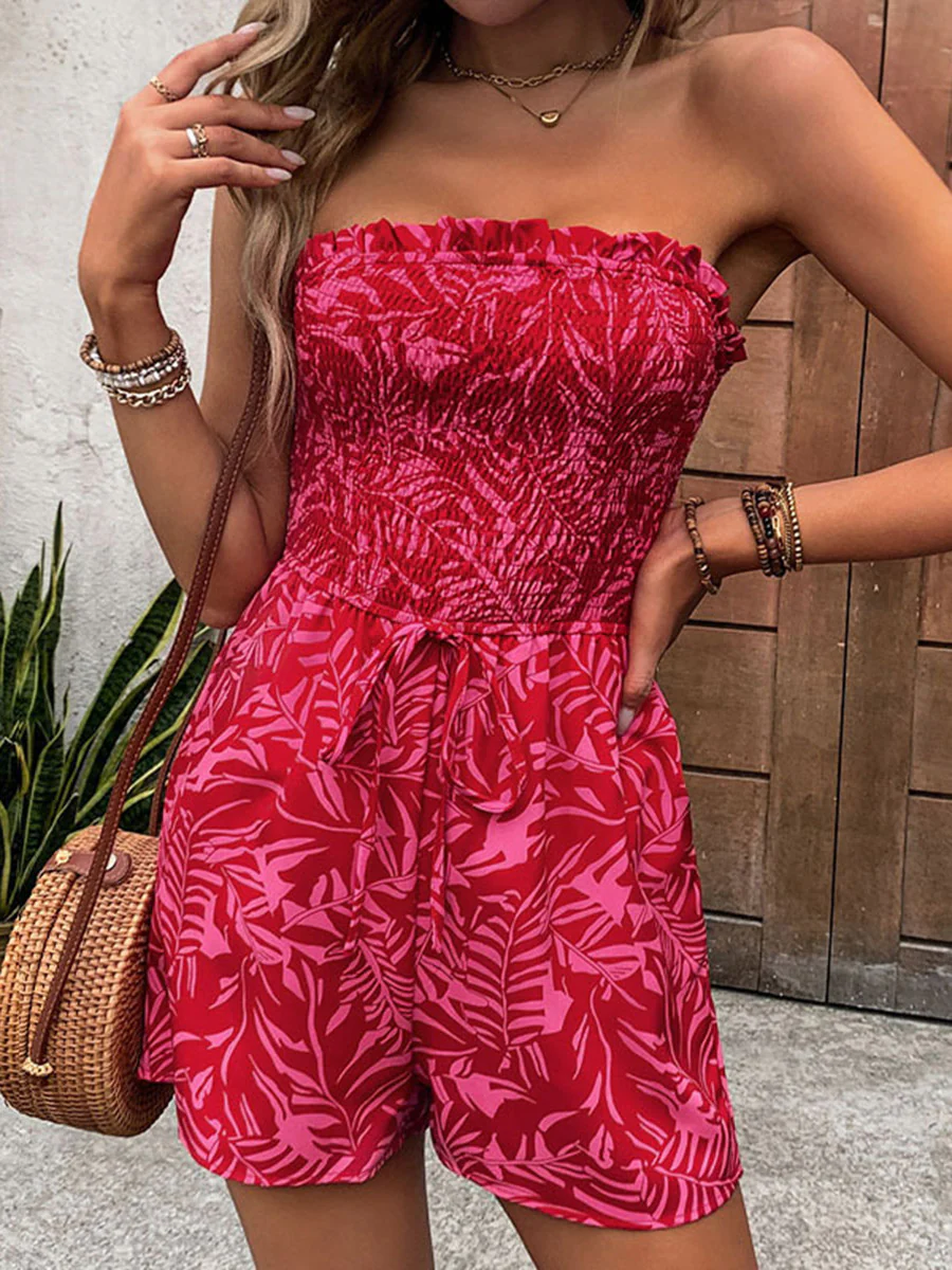 Sleeveless Leaves Print Pleated Pockets Solid Color Split-Joint Tied Waist Tube Rompers - Image 5