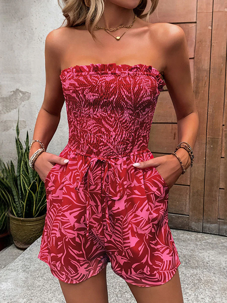 Sleeveless Leaves Print Pleated Pockets Solid Color Split-Joint Tied Waist Tube Rompers - Image 6