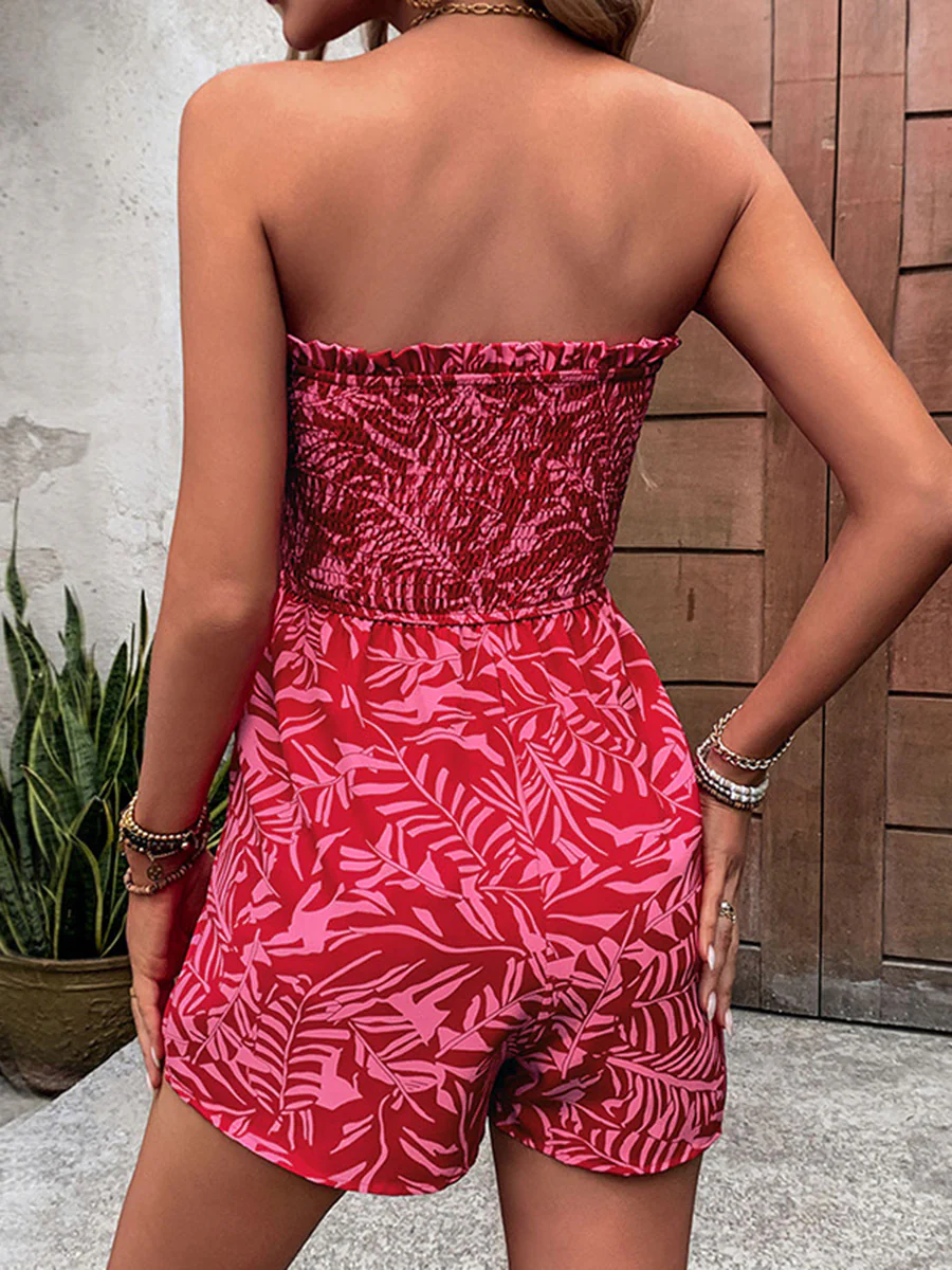 Sleeveless Leaves Print Pleated Pockets Solid Color Split-Joint Tied Waist Tube Rompers - Image 7