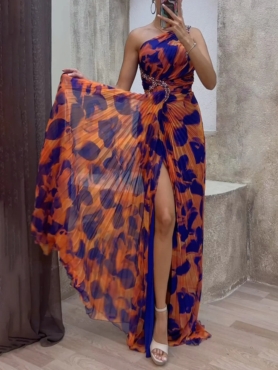 Sleeveless Leopard Pleated Split-Side One-Shoulder Evening Maxi Dresses - Image 2
