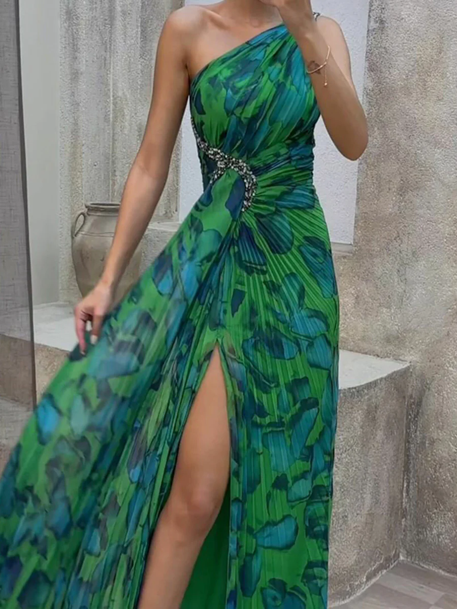 Sleeveless Leopard Pleated Split-Side One-Shoulder Evening Maxi Dresses - Image 3