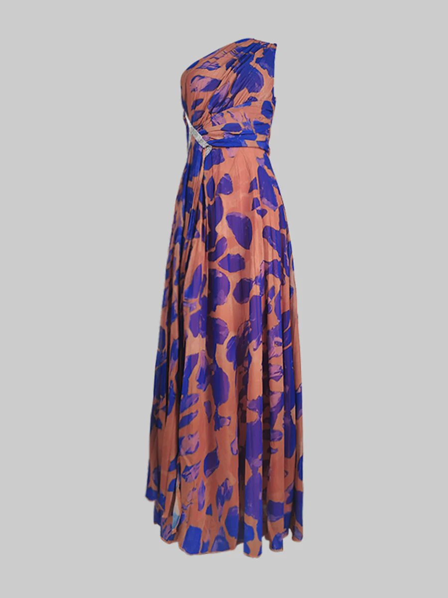 Sleeveless Leopard Pleated Split-Side One-Shoulder Evening Maxi Dresses - Image 4