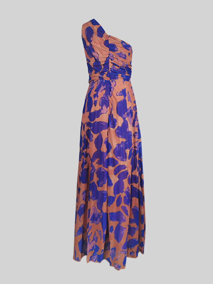 Sleeveless Leopard Pleated Split-Side One-Shoulder Evening Maxi Dresses - Image 5