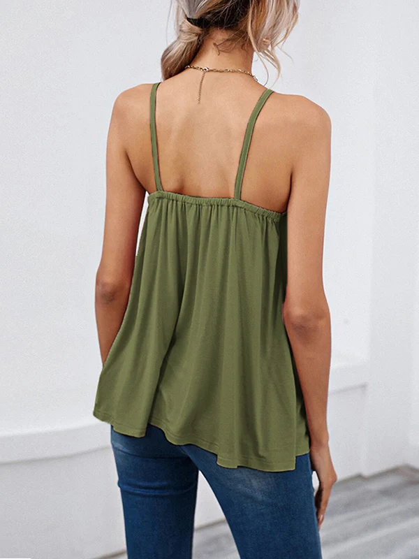 Sleeveless Pleated Solid Color Split-Joint Spaghetti-Neck Camis - Image 5