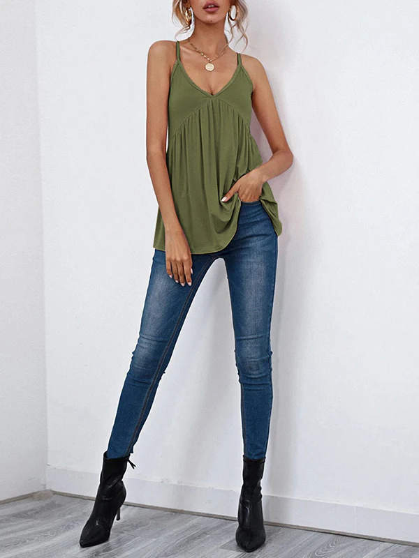 Sleeveless Pleated Solid Color Split-Joint Spaghetti-Neck Camis - Image 6