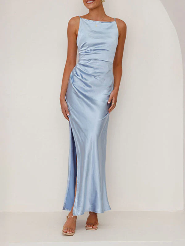 Sleeveless Pleated Solid Color Split-Joint Split-Side Spaghetti-Neck Midi Dresses - Image 4