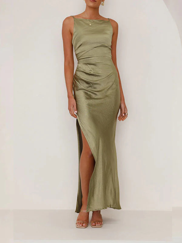 Sleeveless Pleated Solid Color Split-Joint Split-Side Spaghetti-Neck Midi Dresses - Image 5