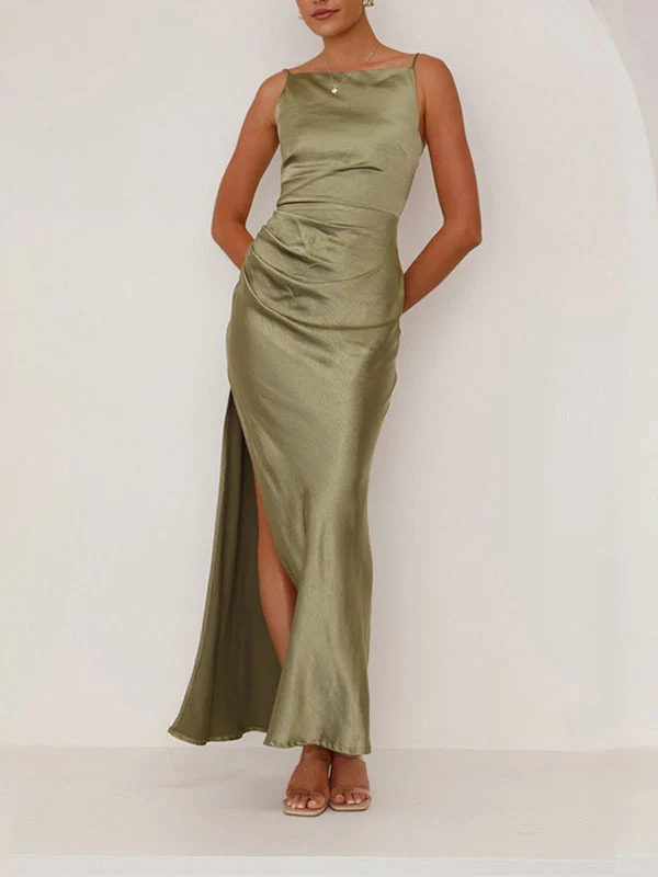Sleeveless Pleated Solid Color Split-Joint Split-Side Spaghetti-Neck Midi Dresses - Image 6