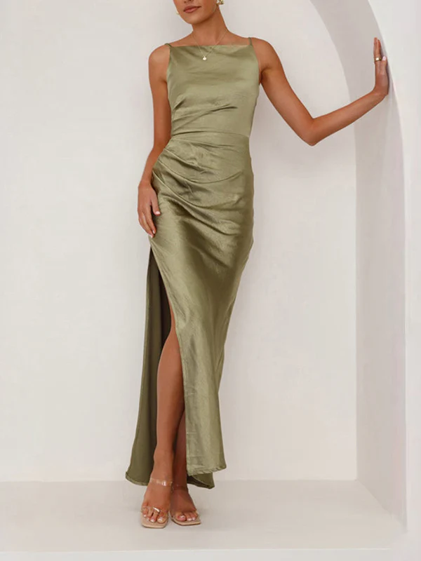 Sleeveless Pleated Solid Color Split-Joint Split-Side Spaghetti-Neck Midi Dresses - Image 7