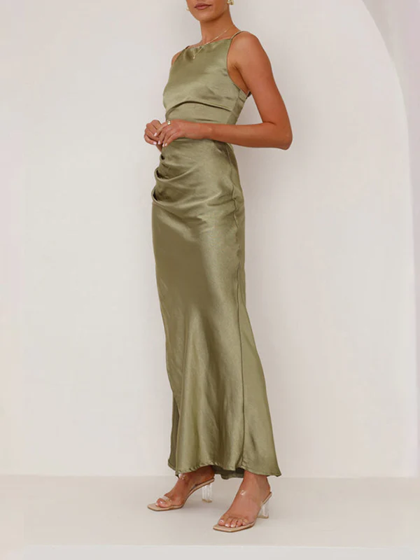Sleeveless Pleated Solid Color Split-Joint Split-Side Spaghetti-Neck Midi Dresses - Image 8