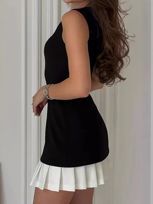 Sleeveless Pleated Solid Color Split-Joint Tiered Round-neck Mini Dresses - Image 5