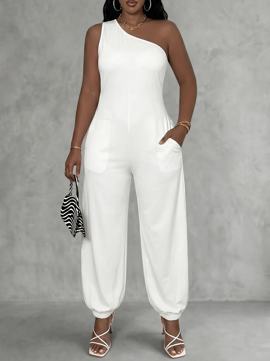 Sleeveless Pockets Solid Color One-Shoulder Jumpsuits