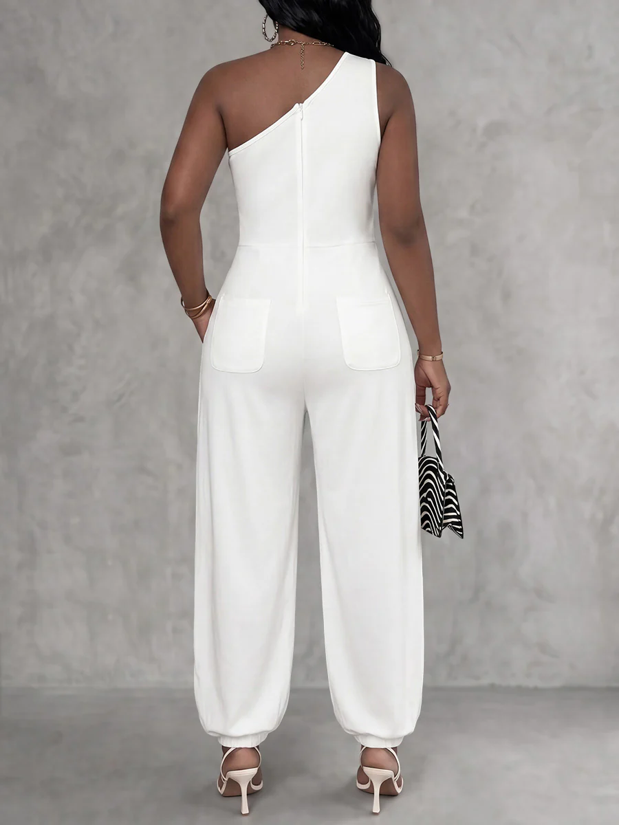 Sleeveless Pockets Solid Color One-Shoulder Jumpsuits - Image 3