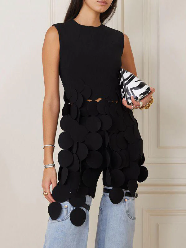 Sleeveless Polka-Dot Solid Color Split-Joint Tasseled Round-Neck Vest Top - Image 2
