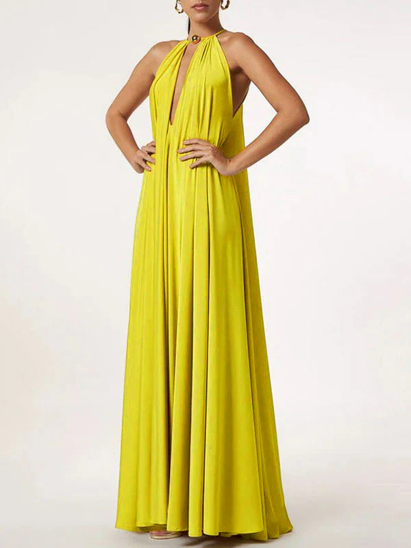 Sleeveless Solid Color Deep V-Neck Maxi Dresses - Image 4