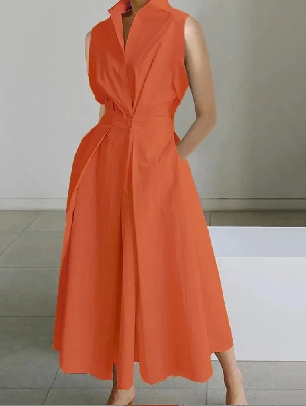 Sleeveless Solid Color Lapel Midi Dresses - Image 2