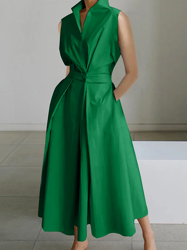Sleeveless Solid Color Lapel Midi Dresses - Image 3