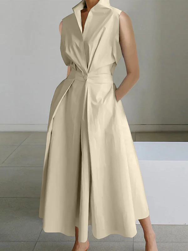 Sleeveless Solid Color Lapel Midi Dresses - Image 4