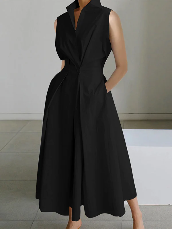 Sleeveless Solid Color Lapel Midi Dresses - Image 5