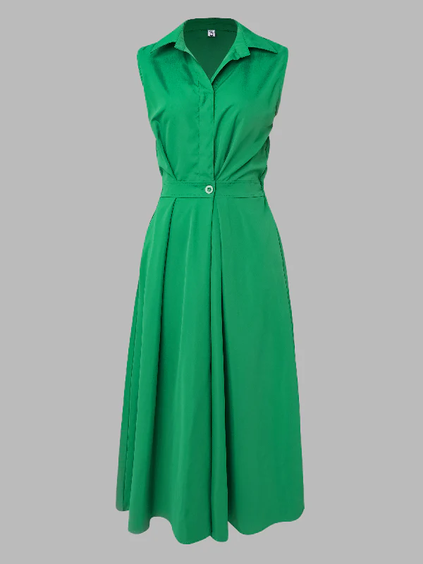 Sleeveless Solid Color Lapel Midi Dresses - Image 6