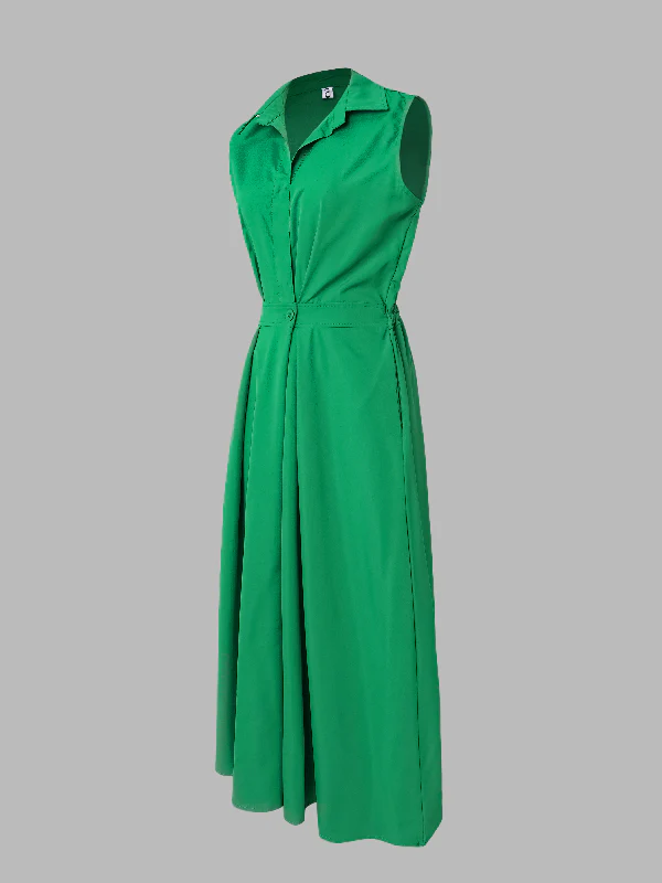 Sleeveless Solid Color Lapel Midi Dresses - Image 7