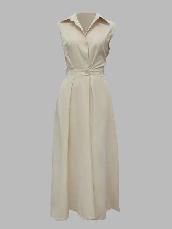 Sleeveless Solid Color Lapel Midi Dresses - Image 9