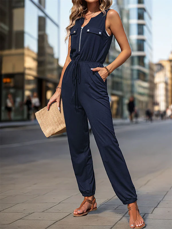 Sleeveless Solid Color Zipper V-Neck Jumpsuits - Image 10