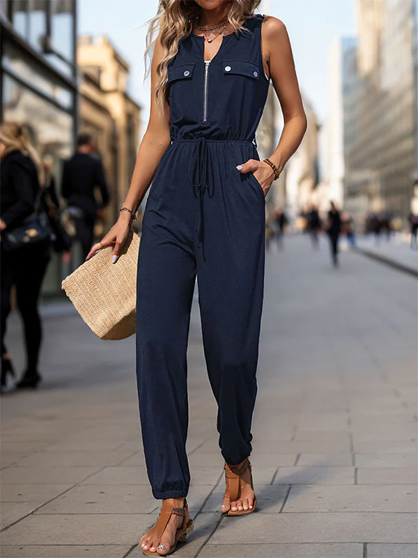 Sleeveless Solid Color Zipper V-Neck Jumpsuits - Image 2