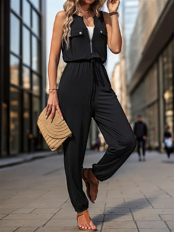 Sleeveless Solid Color Zipper V-Neck Jumpsuits - Image 5