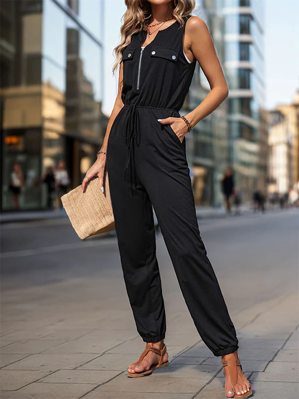 Sleeveless Solid Color Zipper V-Neck Jumpsuits - Image 6