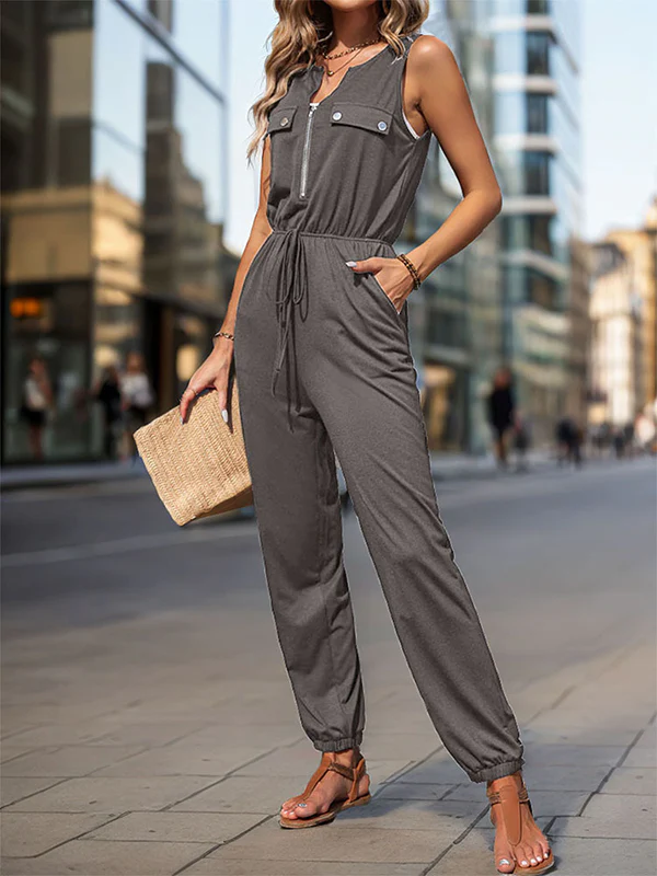 Sleeveless Solid Color Zipper V-Neck Jumpsuits - Image 8