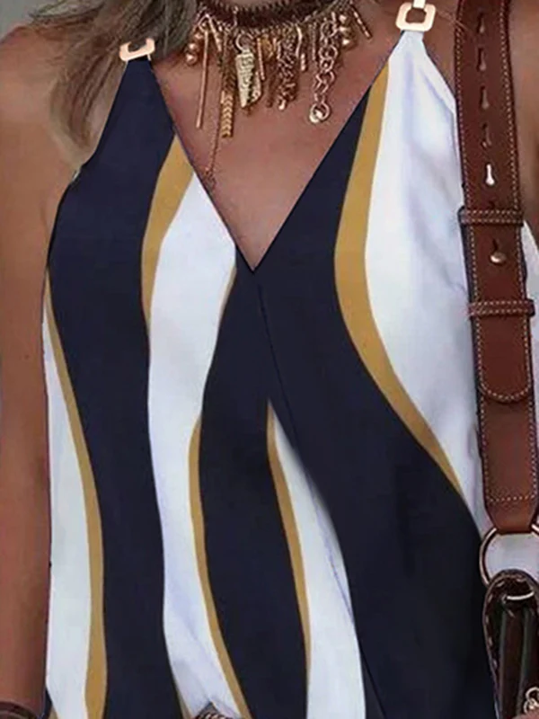 Sleeveless Split-Joint Striped V-Neck Vest Top - Image 2