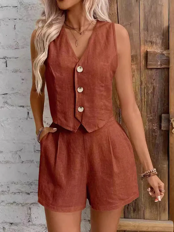 Sleeveless Split-Joint V-Neck Vest + High Waisted Pleated Shorts Two Pieces Set - Image 2