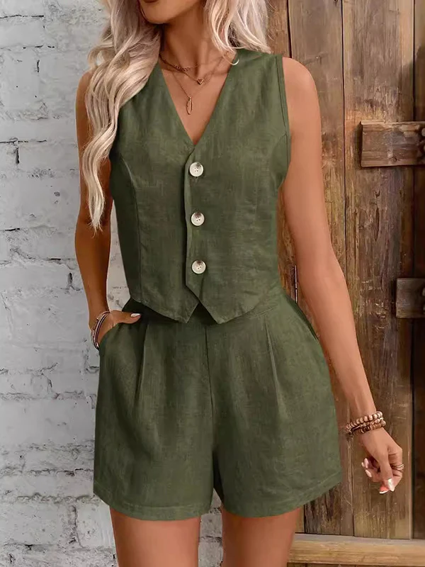 Sleeveless Split-Joint V-Neck Vest + High Waisted Pleated Shorts Two Pieces Set - Image 5