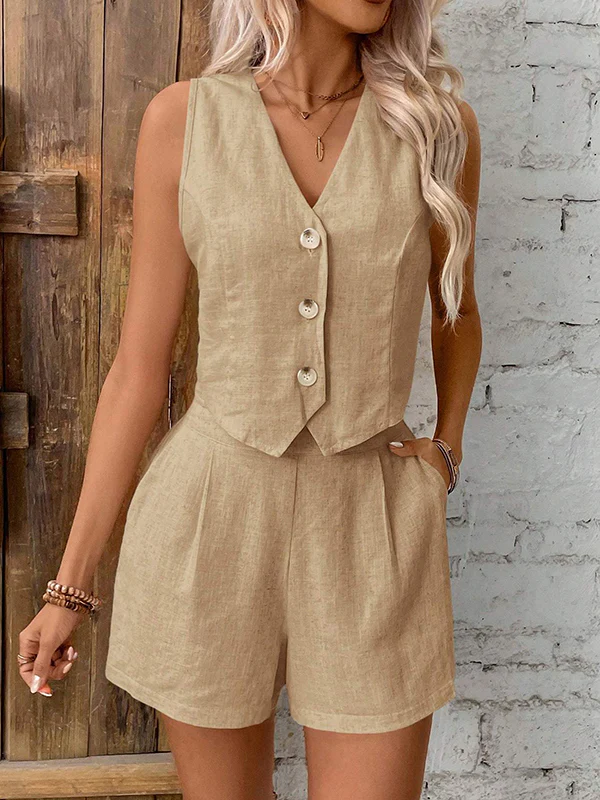 Sleeveless Split-Joint V-Neck Vest + High Waisted Pleated Shorts Two Pieces Set - Image 9