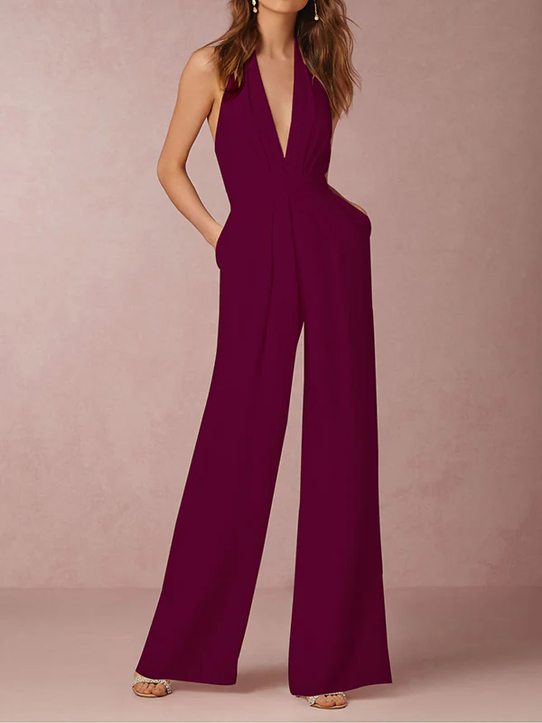 Sleeveless Wide Leg Backless Solid Color Halter-Neck Jumpsuits - Image 2