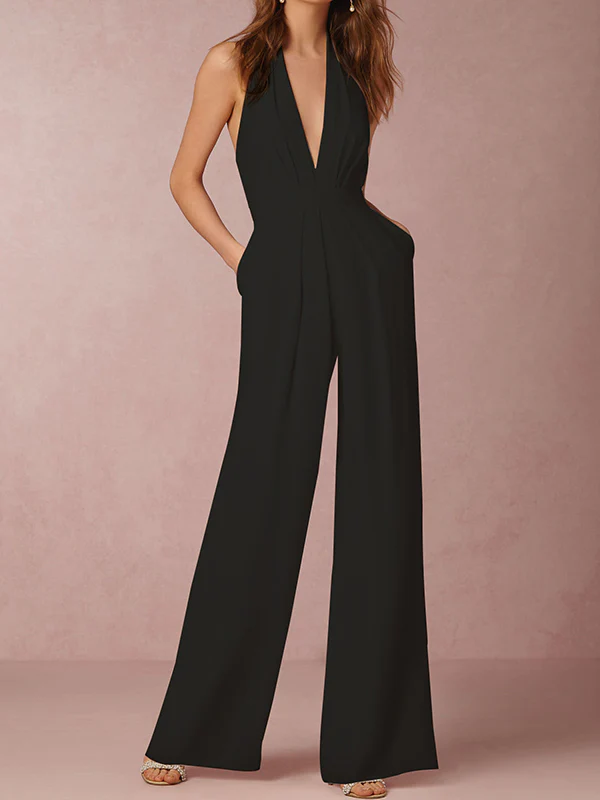 Sleeveless Wide Leg Backless Solid Color Halter-Neck Jumpsuits - Image 3