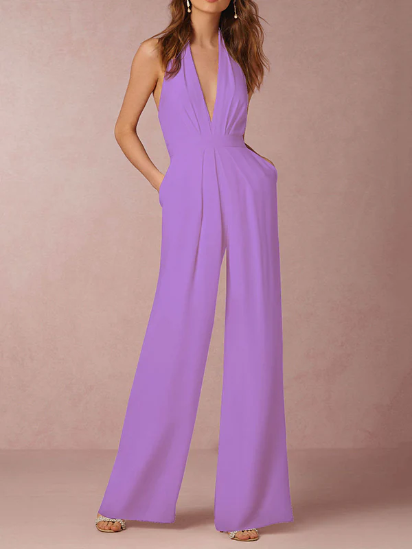 Sleeveless Wide Leg Backless Solid Color Halter-Neck Jumpsuits - Image 4