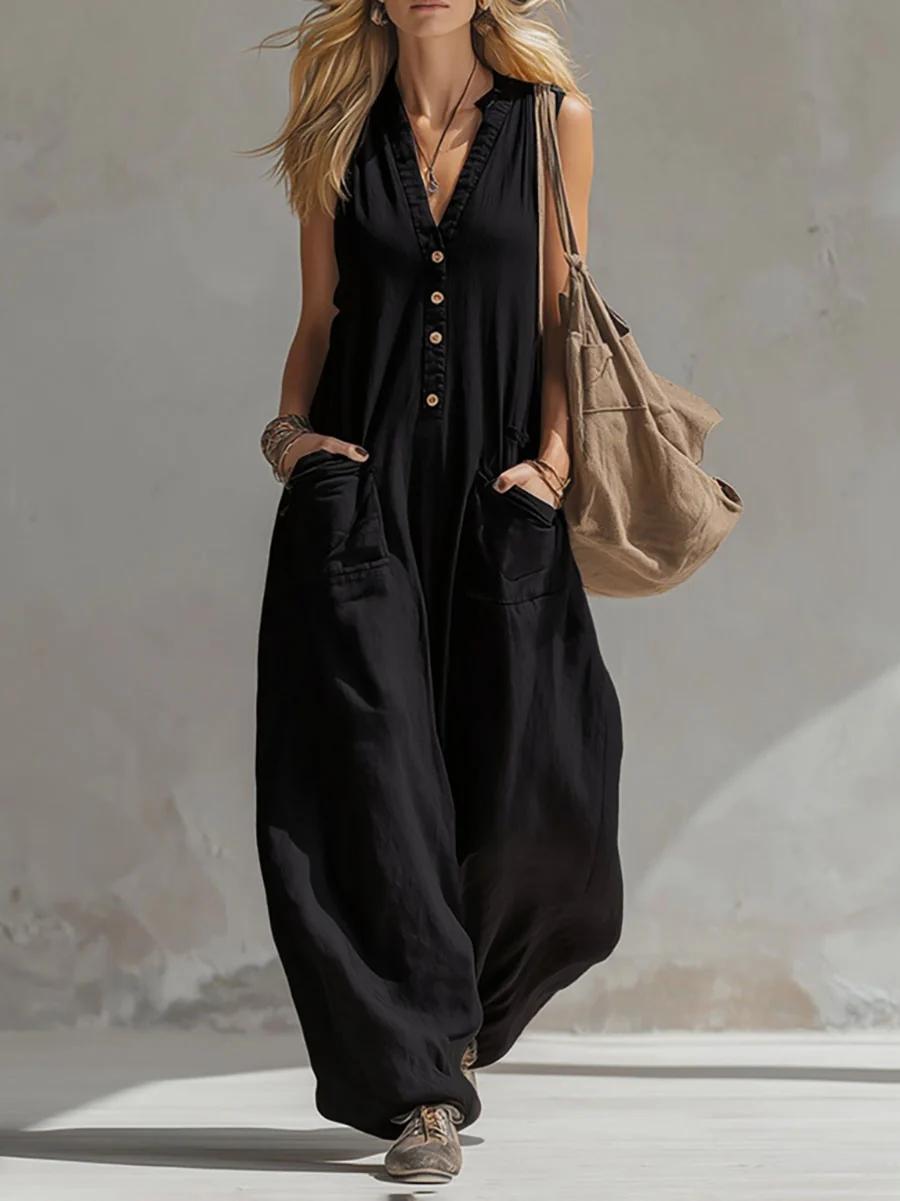 Sleeveless Wide Leg Buttoned Pockets Solid Color V-Neck Jumpsuits - Image 2