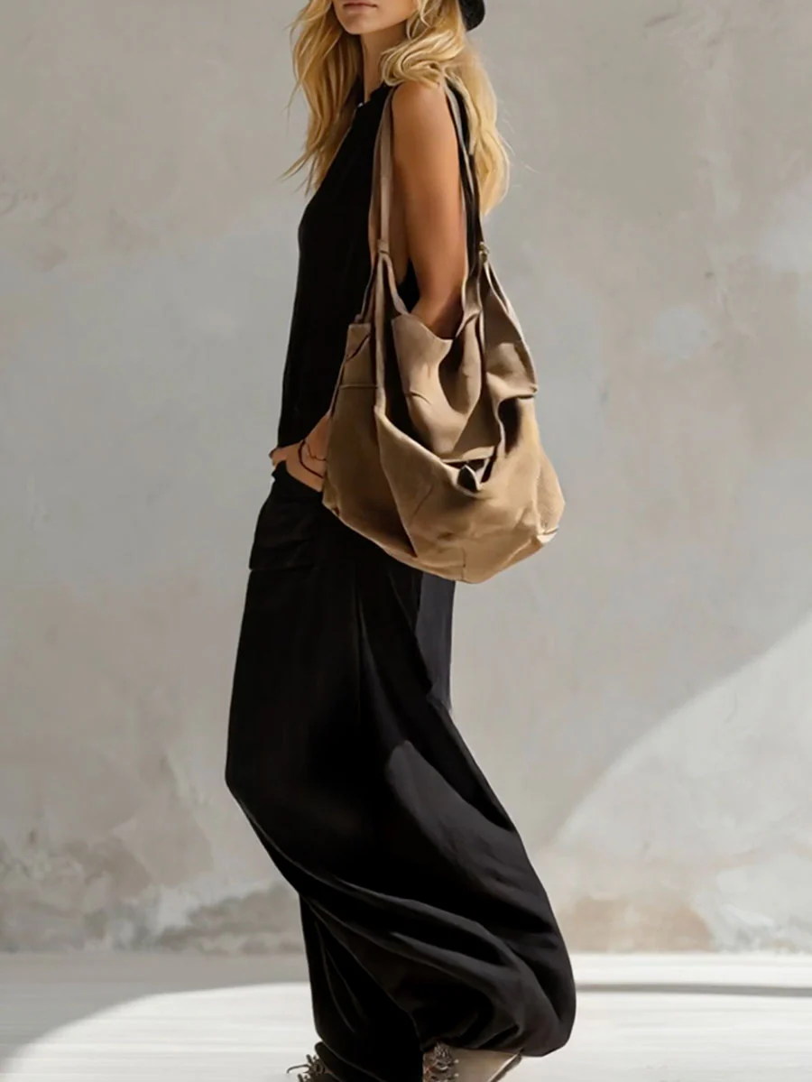 Sleeveless Wide Leg Buttoned Pockets Solid Color V-Neck Jumpsuits - Image 3