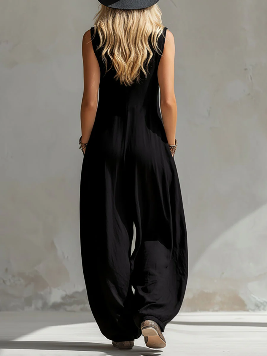 Sleeveless Wide Leg Buttoned Pockets Solid Color V-Neck Jumpsuits - Image 4