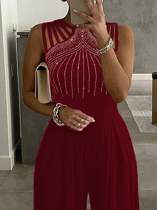 Sleeveless Wide Leg Hollow Rhinestone Jumpsuits - Image 5