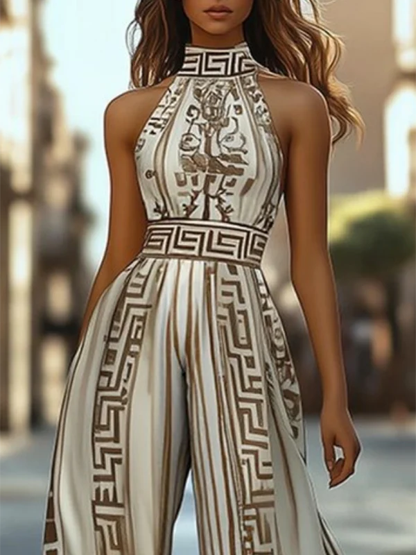 Sleeveless Wide Leg Printed Halter-Neck Jumpsuits - Image 2
