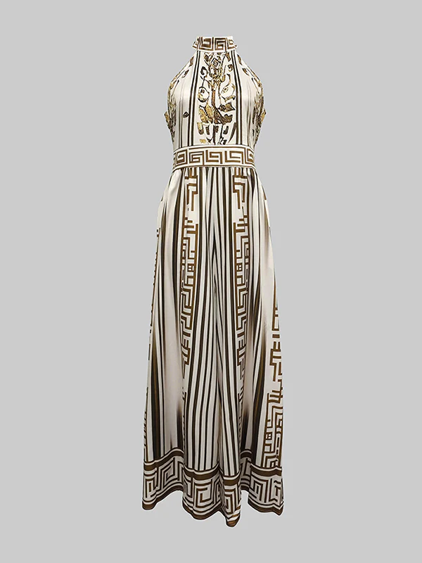 Sleeveless Wide Leg Printed Halter-Neck Jumpsuits - Image 4