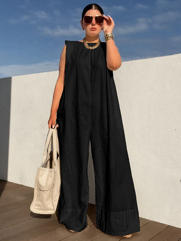 Sleeveless Wide Leg Shoulder Pad Solid Color Jumpsuits - Image 11