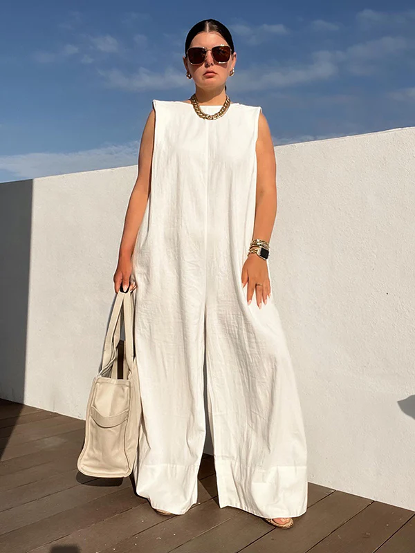 Sleeveless Wide Leg Shoulder Pad Solid Color Jumpsuits - Image 4