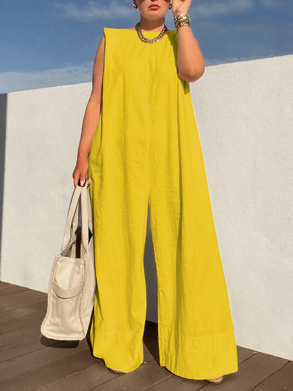 Sleeveless Wide Leg Shoulder Pad Solid Color Jumpsuits - Image 7