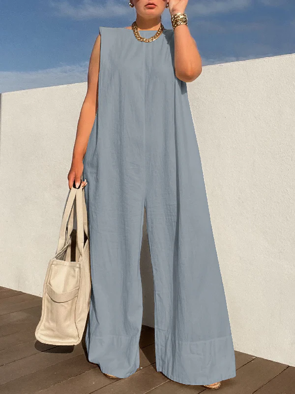 Sleeveless Wide Leg Shoulder Pad Solid Color Jumpsuits - Image 8