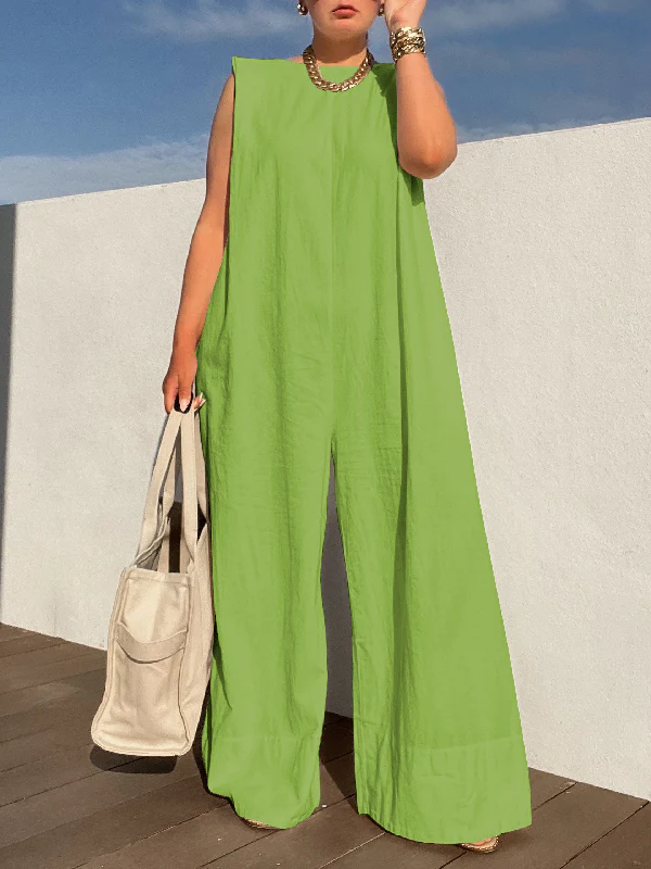 Sleeveless Wide Leg Shoulder Pad Solid Color Jumpsuits - Image 9