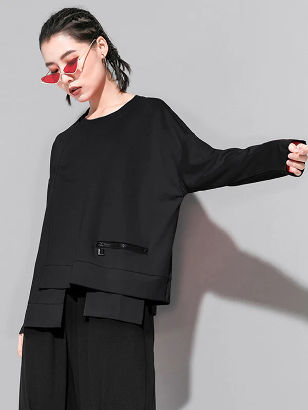 Solid Color Asymmetric Split-Joint Zipper Loose T-Shirt - Image 11